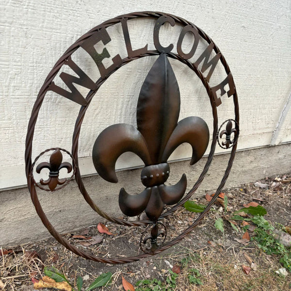 WELCOME FLEUR DE LIS BROWN & BLACK SHADE METAL WALL ART WESTERN HOME DECOR HANDMADE #EH11997