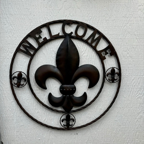 WELCOME FLEUR DE LIS BROWN & BLACK SHADE METAL WALL ART WESTERN HOME DECOR HANDMADE #EH11997