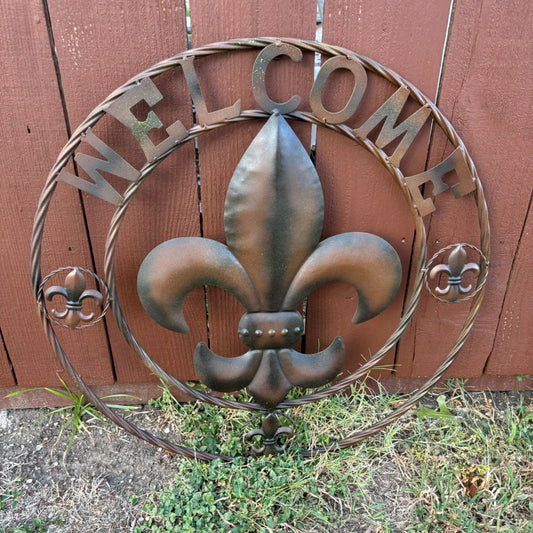 WELCOME FLEUR DE LIS BROWN & BLACK SHADE METAL WALL ART WESTERN HOME DECOR HANDMADE #EH11997