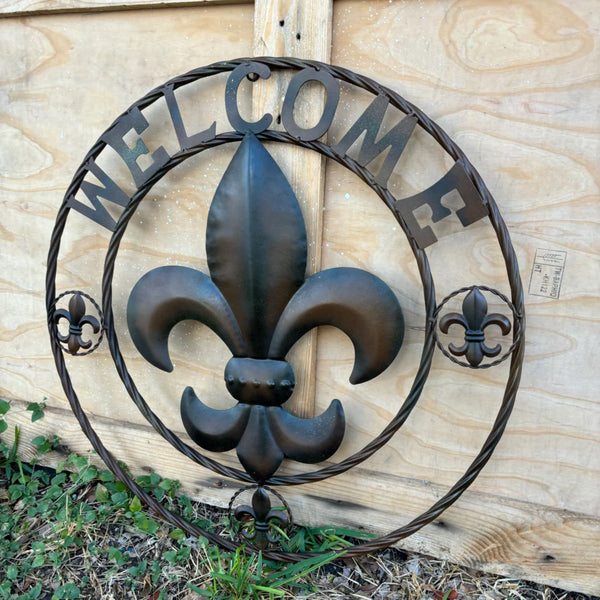 WELCOME FLEUR DE LIS BROWN & BLACK SHADE METAL WALL ART WESTERN HOME DECOR HANDMADE #EH11997