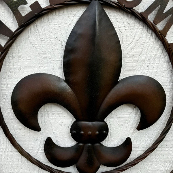 WELCOME FLEUR DE LIS BROWN & BLACK SHADE METAL WALL ART WESTERN HOME DECOR HANDMADE #EH11997