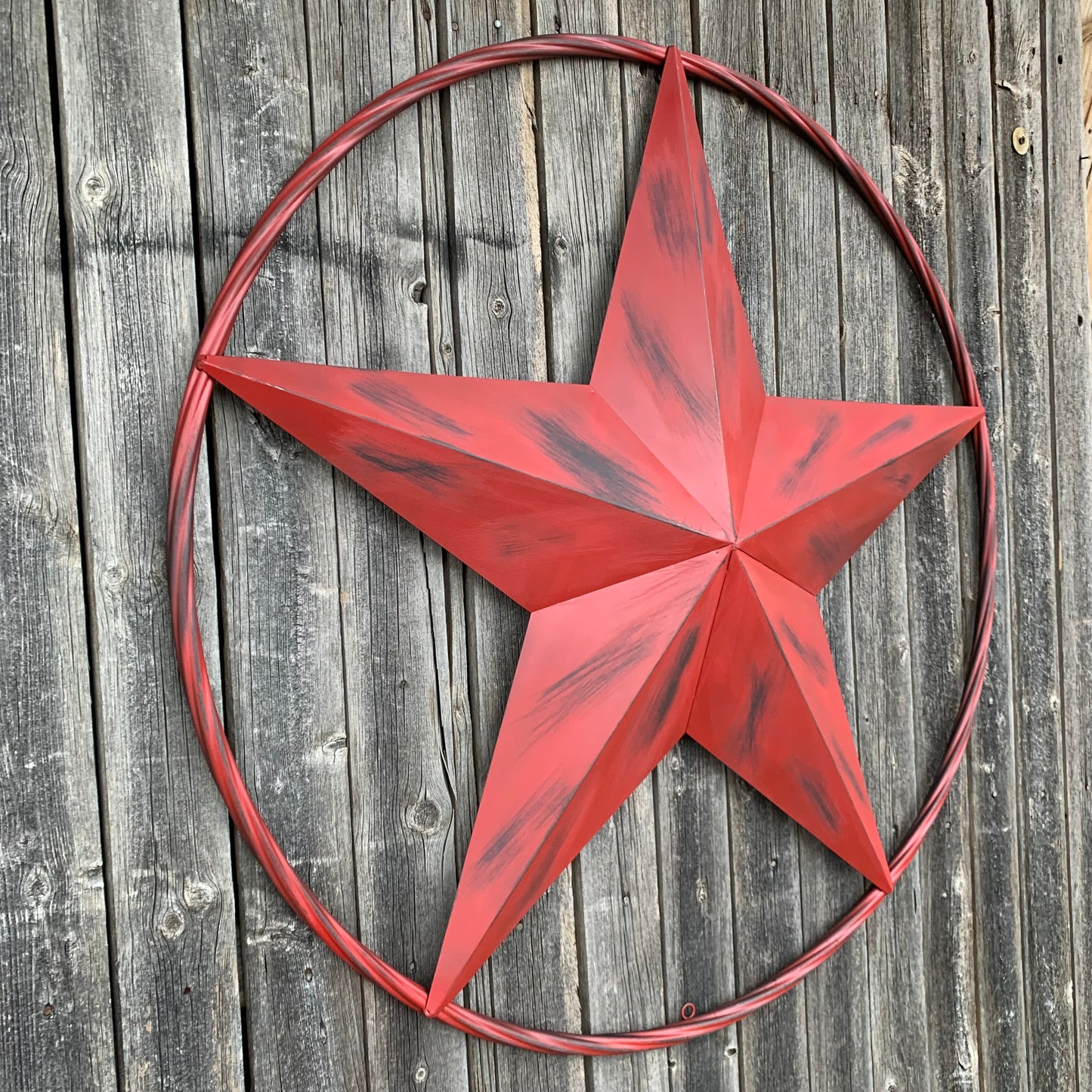 RED DISTRESSED STAR TWO TONE TEXTURE BARN STAR METAL LONESTAR TWISTED ROPE RING WESTERN HOME DECOR HANDMADE NEW #EH12958
