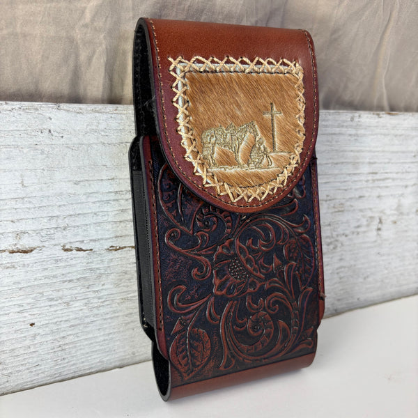 7" COWBOY PRAYER  LEATHER HOLSTER BROWN POUCH EXTRA LARGE  BELT LOOP CELL PHONE CASE UNIVERSAL OVERSIZE