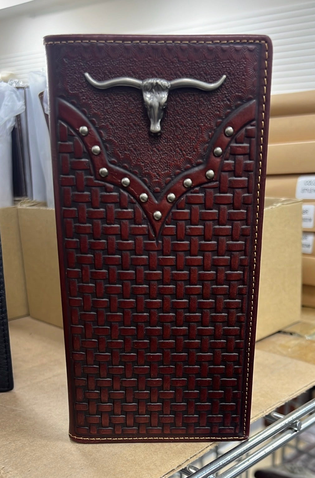 LONGHORNS GENUINE LEATHER BROWN WESTERN CHECKBOOK MEN'S WALLET WESTERN FASHION