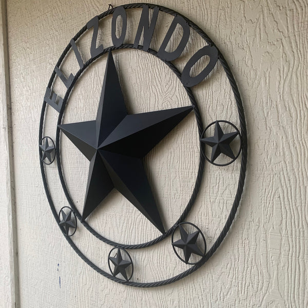 ELIZONDO STYLE CUSTOM NAME STAR BARN METAL STAR 3d TWISTED ROPE RING WESTERN HOME DECOR RUSTIC BLACK HANDMADE 24",32",36",50"