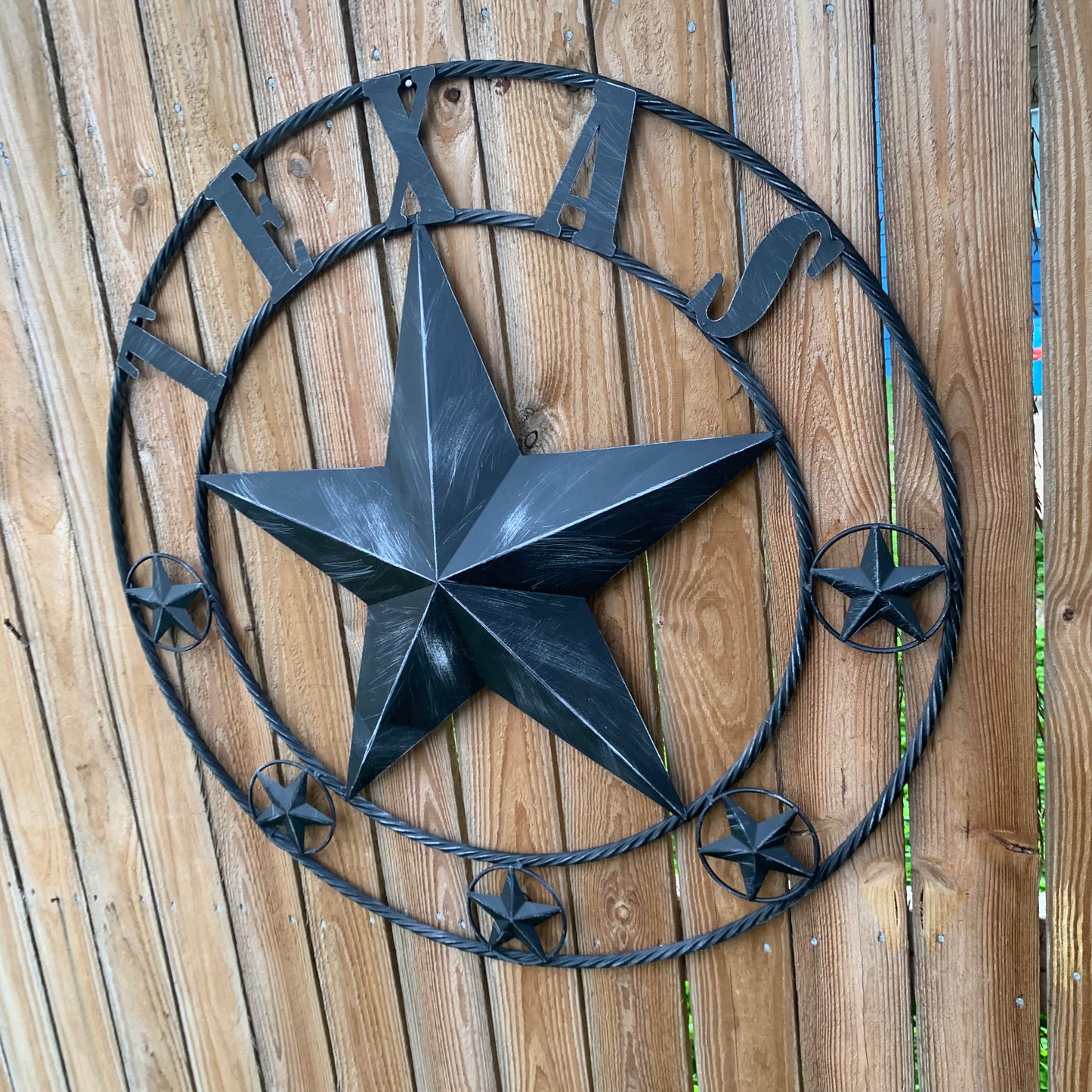 TEXAS BLACK DISTRESSED STAR TWO TONE TEXTURE BARN STAR METAL LONESTAR TWISTED ROPE RING WESTERN HOME DECOR HANDMADE NEW