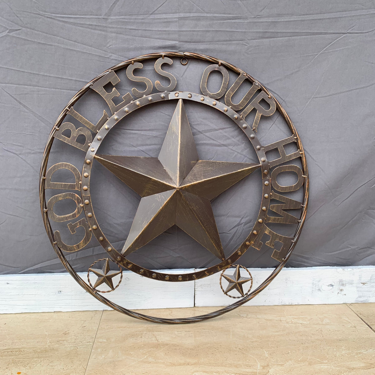 24" GOD BLESS OUR HOME BEADED STAR COLIBROX METAL TWISTED ROPE RING LONE STAR WALL ART WESTERN HOME DECOR RUSTIC DARK BRONZE COPPER HANDMADE NEW