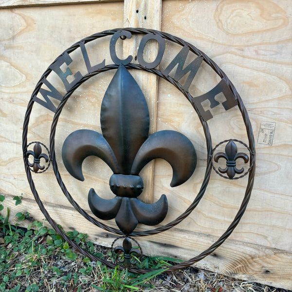 24" WELCOME FLEUR DE LIS METAL WALL ART WESTERN HOME DECOR BROWN NEW #EH11997