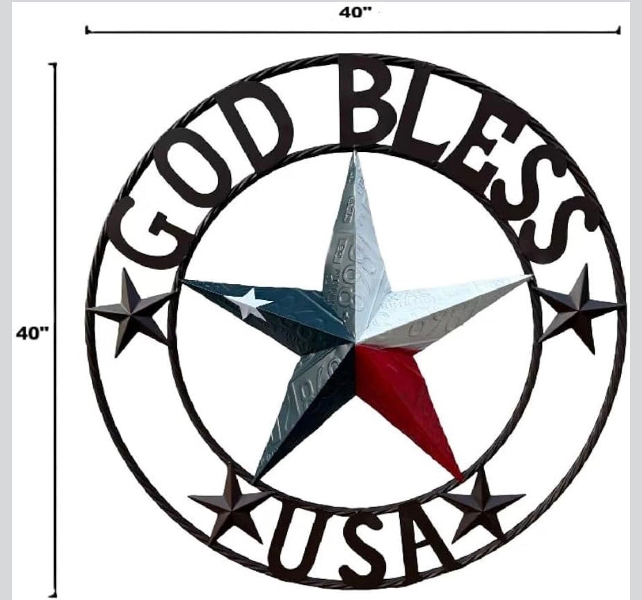 GOD BLESS USA LICENSE PLATE 3d STAR RED WHITE BLUE  WITH BRONZE RING METAL BARN STAR TWISTED ROPE RING WALL ART WESTERN HOME DECOR HANDMADE #EH