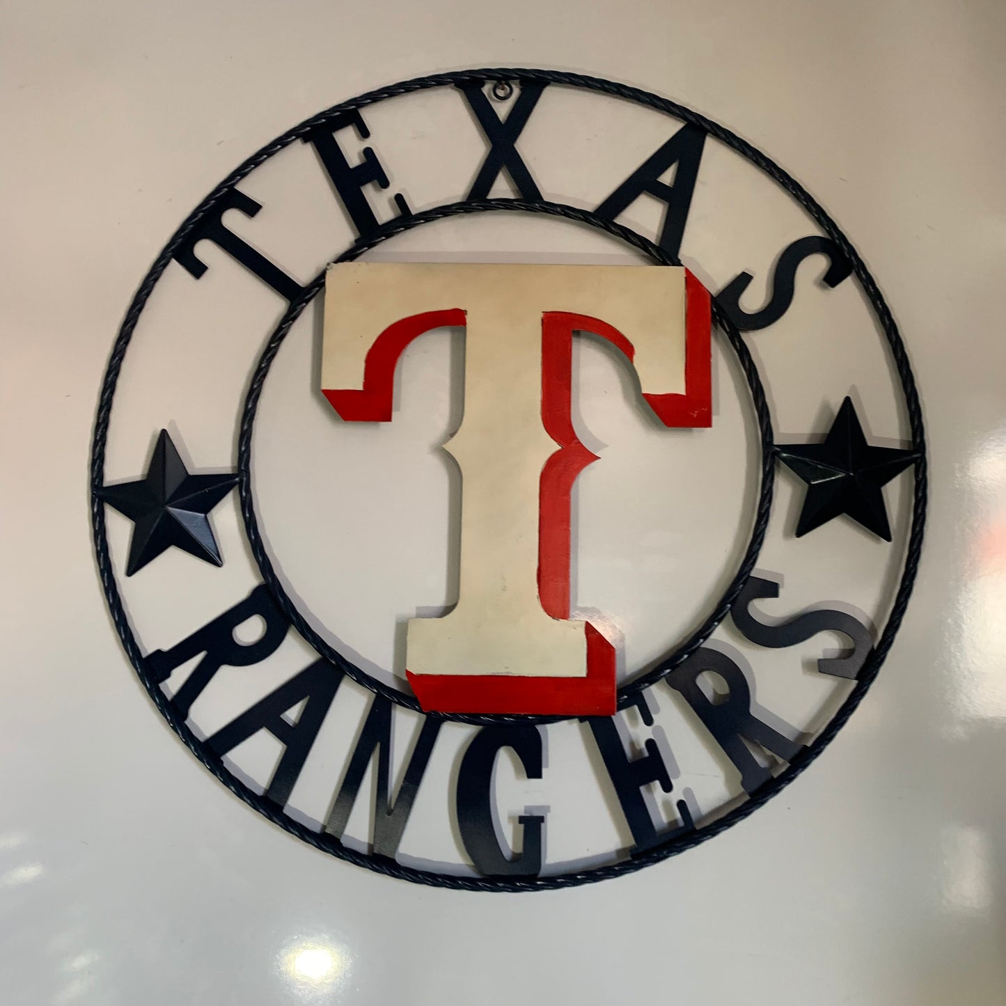 12", 18", 24", 32" TEXAS RANGERS BARN CUSTOM METAL VINTAGE CRAFT SIGN TEAM  WHITE & RED & NAVY BLUE RING & STAR HANDMADE