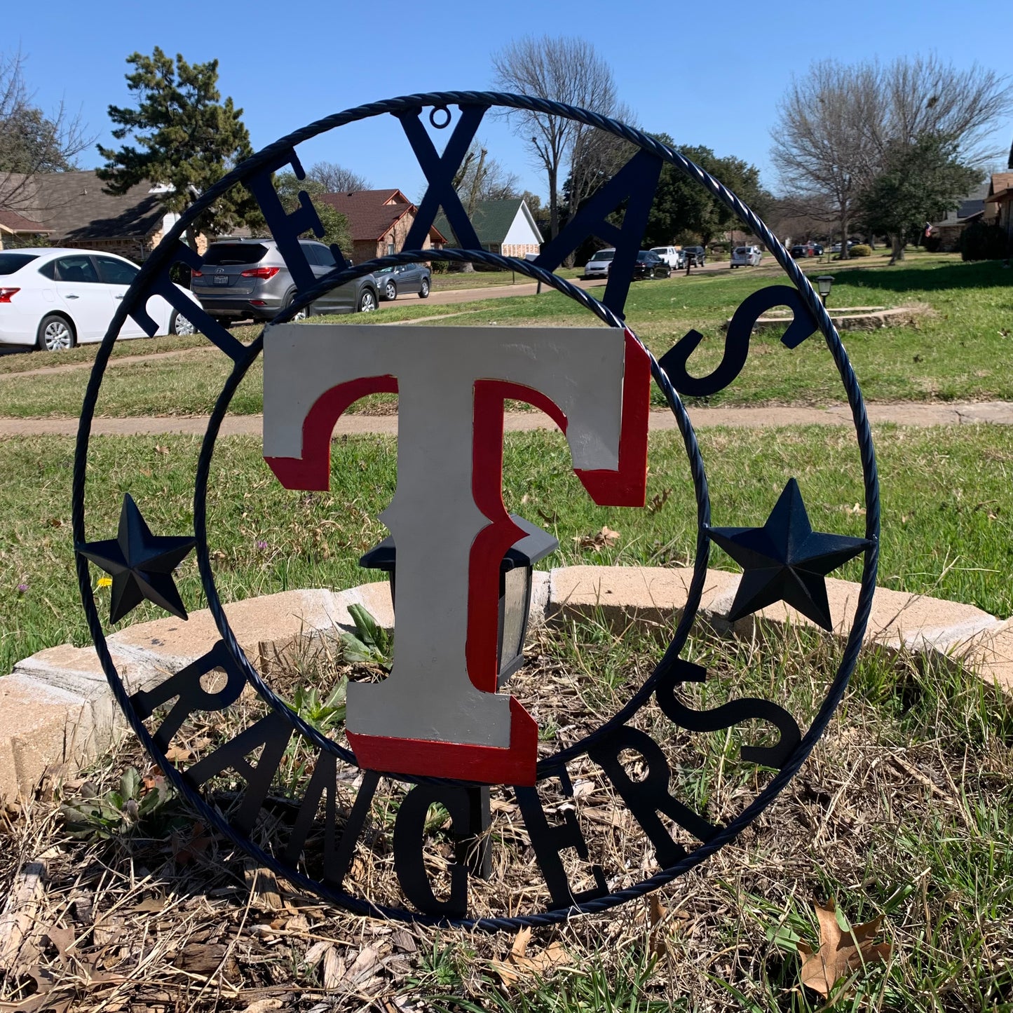 12", 18", 24", 32" TEXAS RANGERS BARN CUSTOM METAL VINTAGE CRAFT SIGN TEAM  WHITE & RED & NAVY BLUE RING & STAR HANDMADE