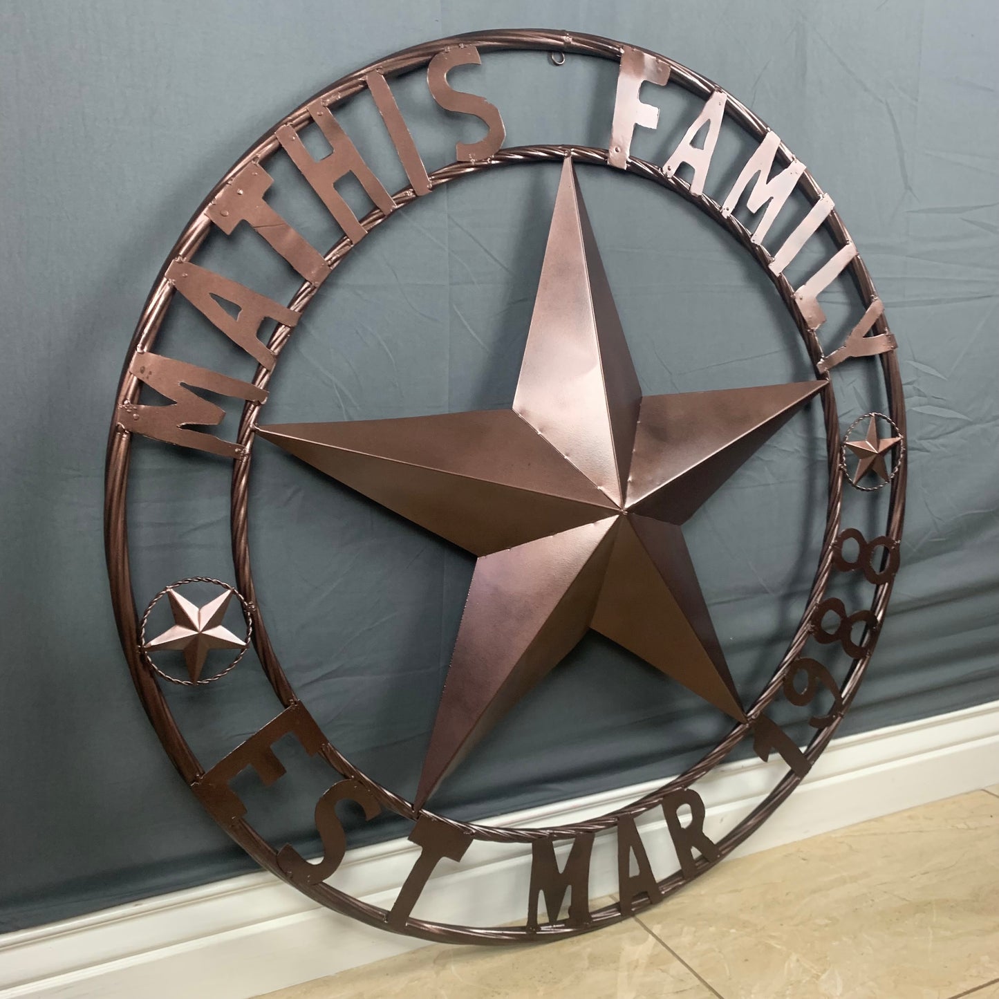 MATHIS STYLE CUSTOM NAME STAR BARN STAR 3d METAL LONESTAR TWISTED ROPE RING WESTERN HOME DECOR RUSTIC BRONZE COPPER HANDMADE 24",32",36",50"