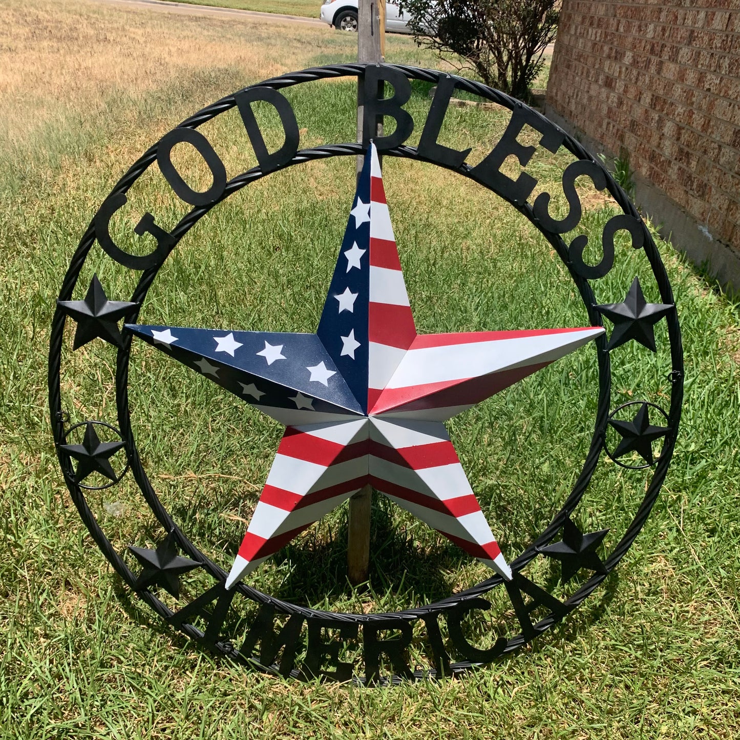 GOD BLESS AMERICA USA FLAG 3d STAR METAL BARN STAR BLACK TWISTED ROPE RING WALL ART WESTERN HOME DECOR RED WHITE & BLUE HANDMADE NEW #EH10490