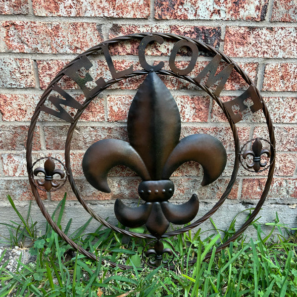 24" WELCOME FLEUR DE LIS METAL WALL ART WESTERN HOME DECOR BROWN NEW #EH11997