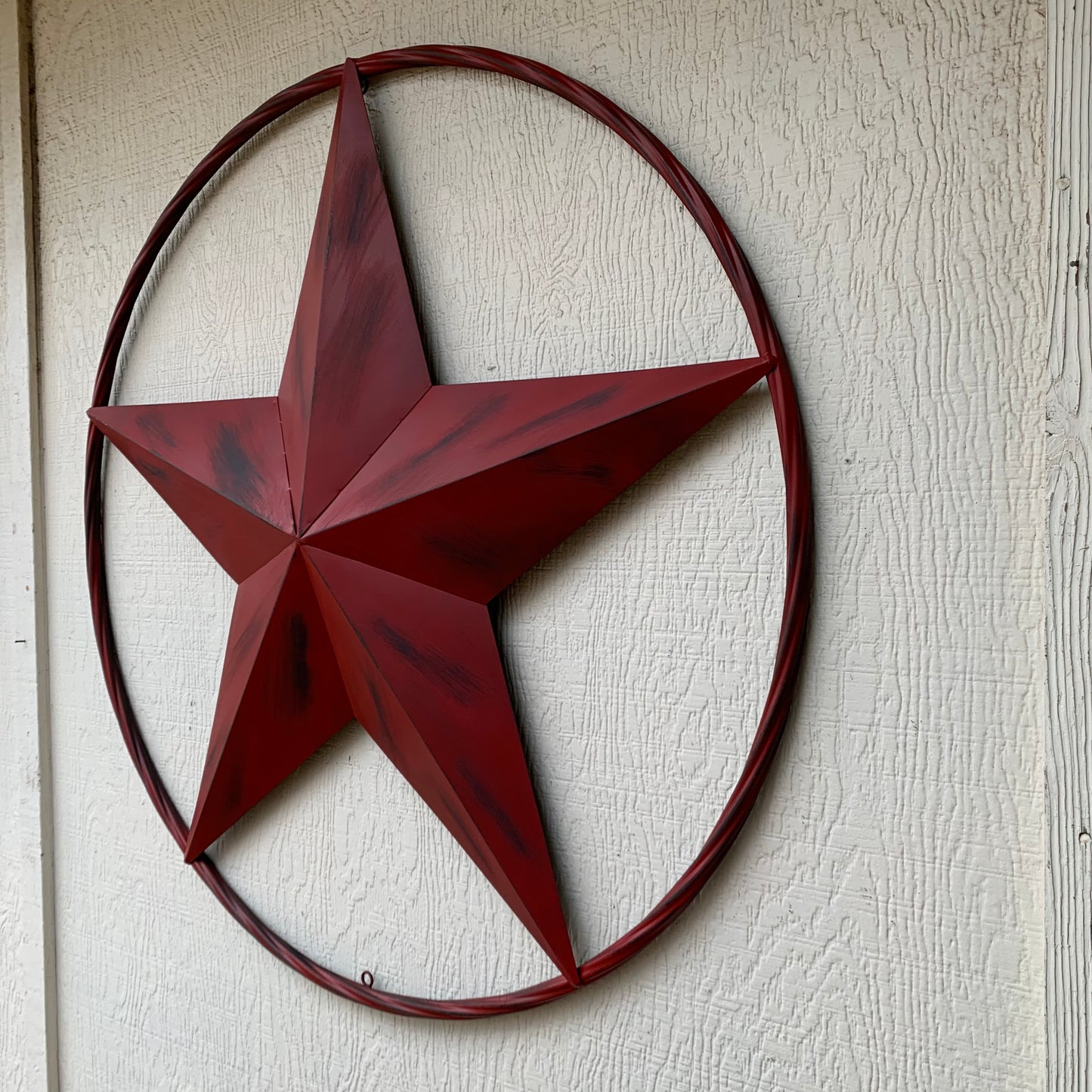 RED DISTRESSED STAR TWO TONE TEXTURE BARN STAR METAL LONESTAR TWISTED ROPE RING WESTERN HOME DECOR HANDMADE NEW #EH12958