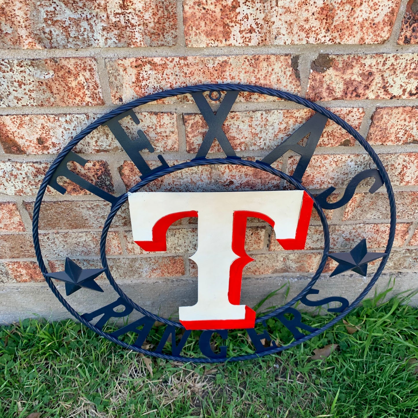 12", 18", 24", 32" TEXAS RANGERS BARN CUSTOM METAL VINTAGE CRAFT SIGN TEAM  WHITE & RED & NAVY BLUE RING & STAR HANDMADE