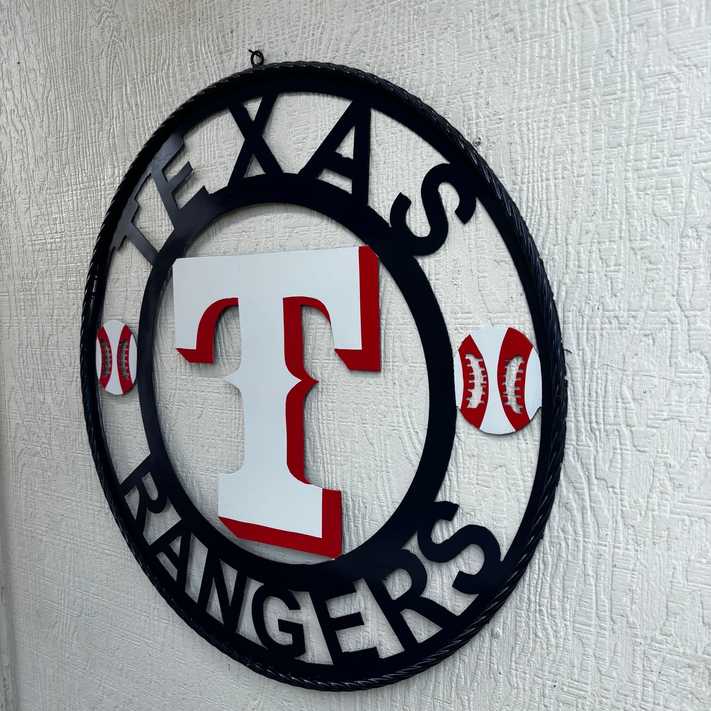 TEXAS RANGERS CUSTOM METAL VINTAGE CRAFT TEAM SIGN WHITE & RED & NAVY BLUE RING HANDMADE