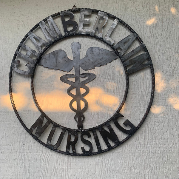 CUSTOM NAME CHAMBERLAIN NURSING STYLE TWISTIED RING BARN RUSTIC BRONZE METAL SIGN WESTERN HOME DECOR HANDMADE 24",32",36"