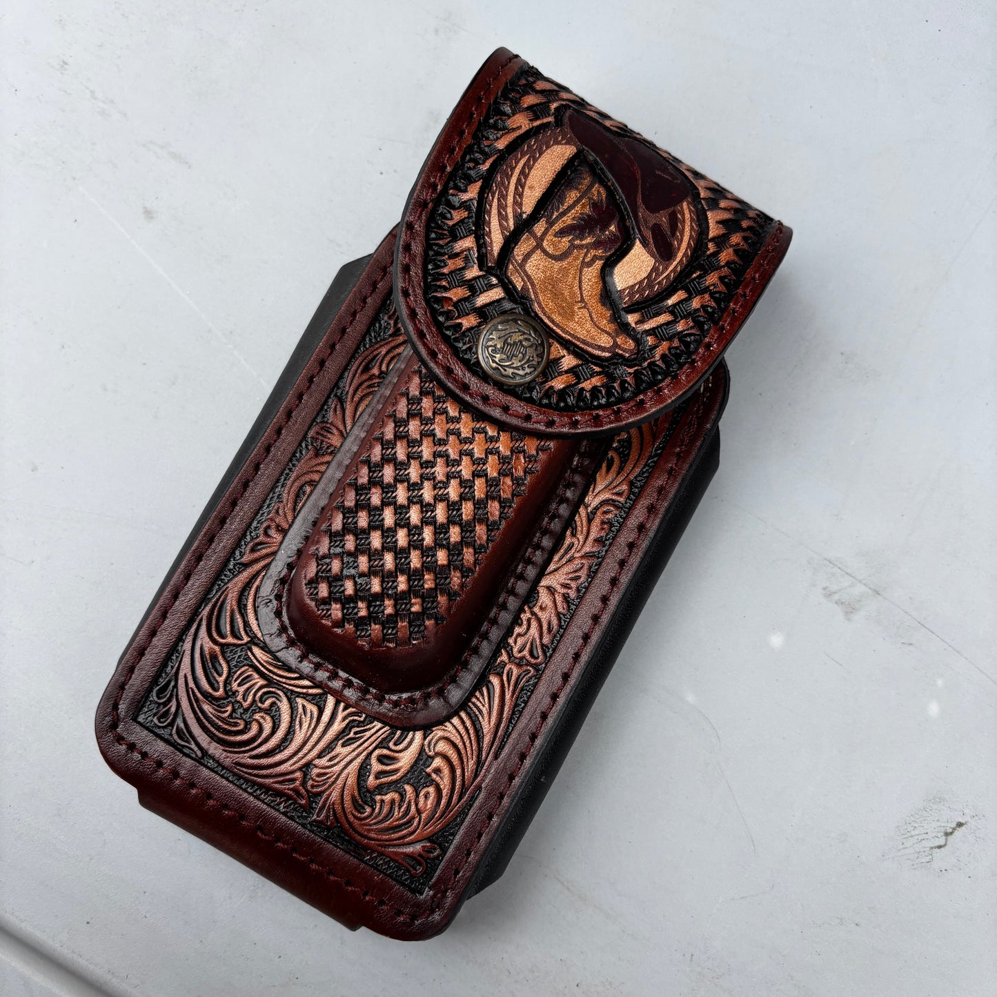 COWBOY BOOT HAT ROPING LEATHER HOLSTER 7" PHONE POUCH WITH KNIFE HOLDER FRONT EXTRA LARGE  BELT LOOP CELL PHONE CASE UNIVERSAL OVERSIZE MADE IN MEXICO #EH13862