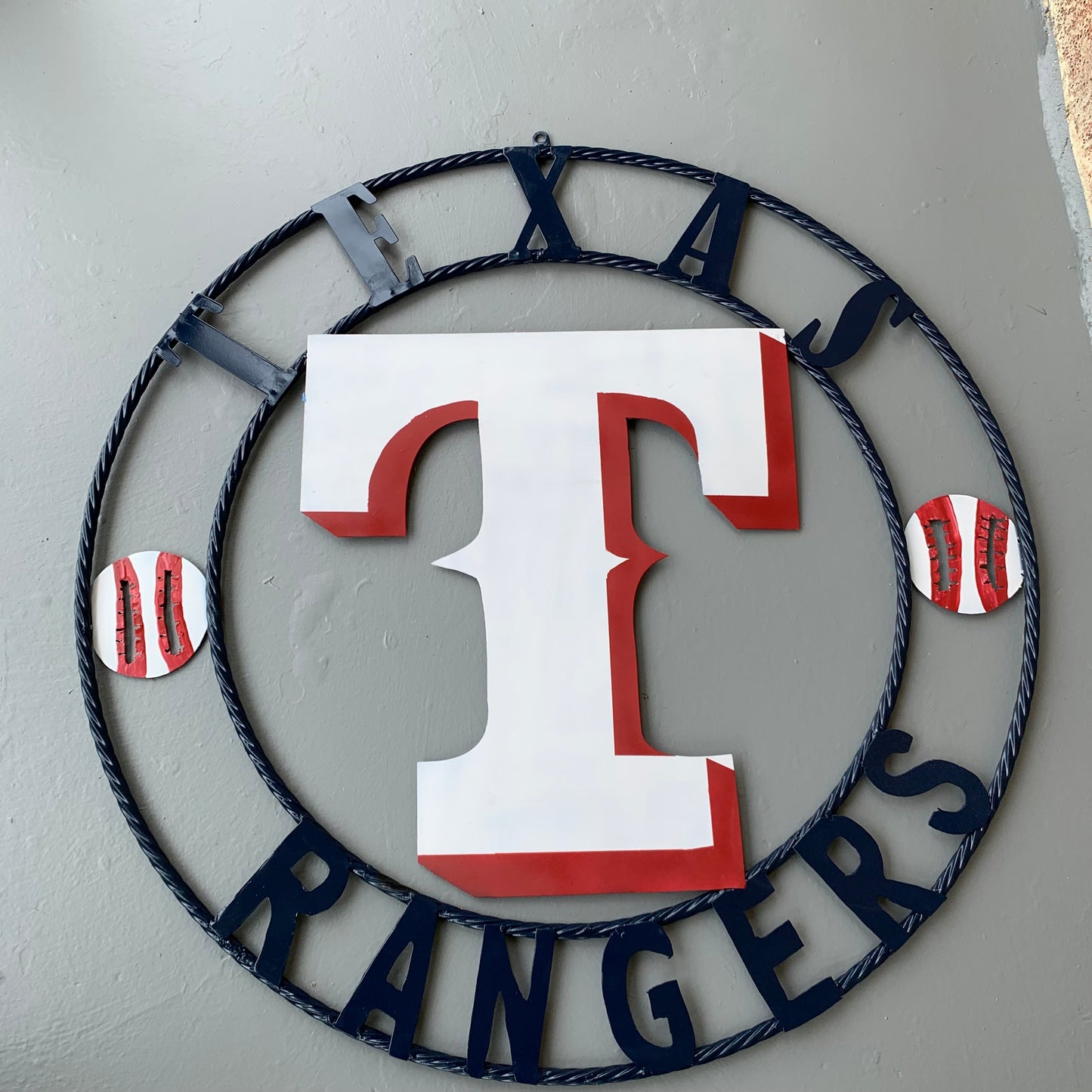TEXAS RANGERS CUSTOM METAL VINTAGE CRAFT TEAM SIGN WHITE & RED & NAVY BLUE RING HANDMADE