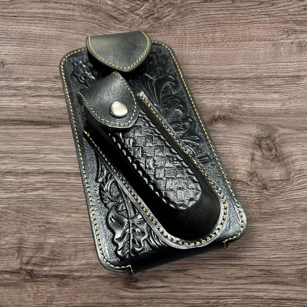 7" BASKETWEAVE & KNIFE LEATHER POUCH HOLDER XTRA LARGE  BELT LOOP CELL PHONE CASE UNIVERSAL OVERSIZE #EH12295 -- FREE SHIPPING