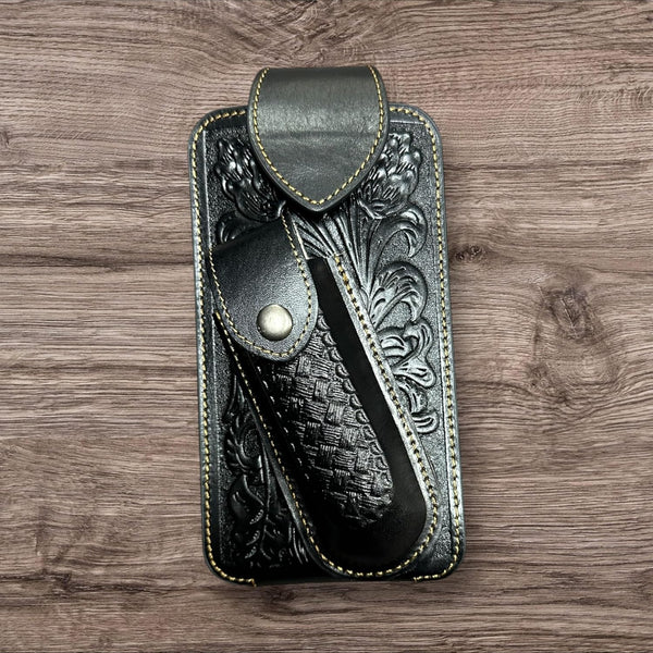 7" BASKETWEAVE & KNIFE LEATHER POUCH HOLDER XTRA LARGE  BELT LOOP CELL PHONE CASE UNIVERSAL OVERSIZE #EH12295 -- FREE SHIPPING