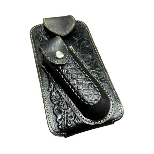 7" BASKETWEAVE & KNIFE LEATHER POUCH HOLDER XTRA LARGE  BELT LOOP CELL PHONE CASE UNIVERSAL OVERSIZE #EH12295 -- FREE SHIPPING