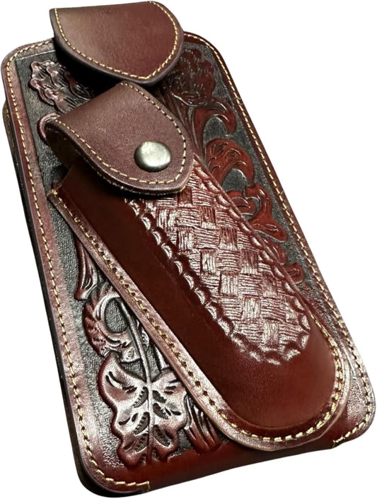 7" BASKETWEAVE & KNIFE BROWN LEATHER POUCH HOLDER XTRA LARGE  BELT LOOP CELL PHONE CASE UNIVERSAL OVERSIZE #EH12295
