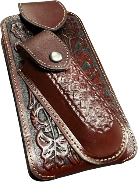 7" BASKETWEAVE & KNIFE LEATHER POUCH HOLDER XTRA LARGE  BELT LOOP CELL PHONE CASE UNIVERSAL OVERSIZE #EH12295 -- FREE SHIPPING