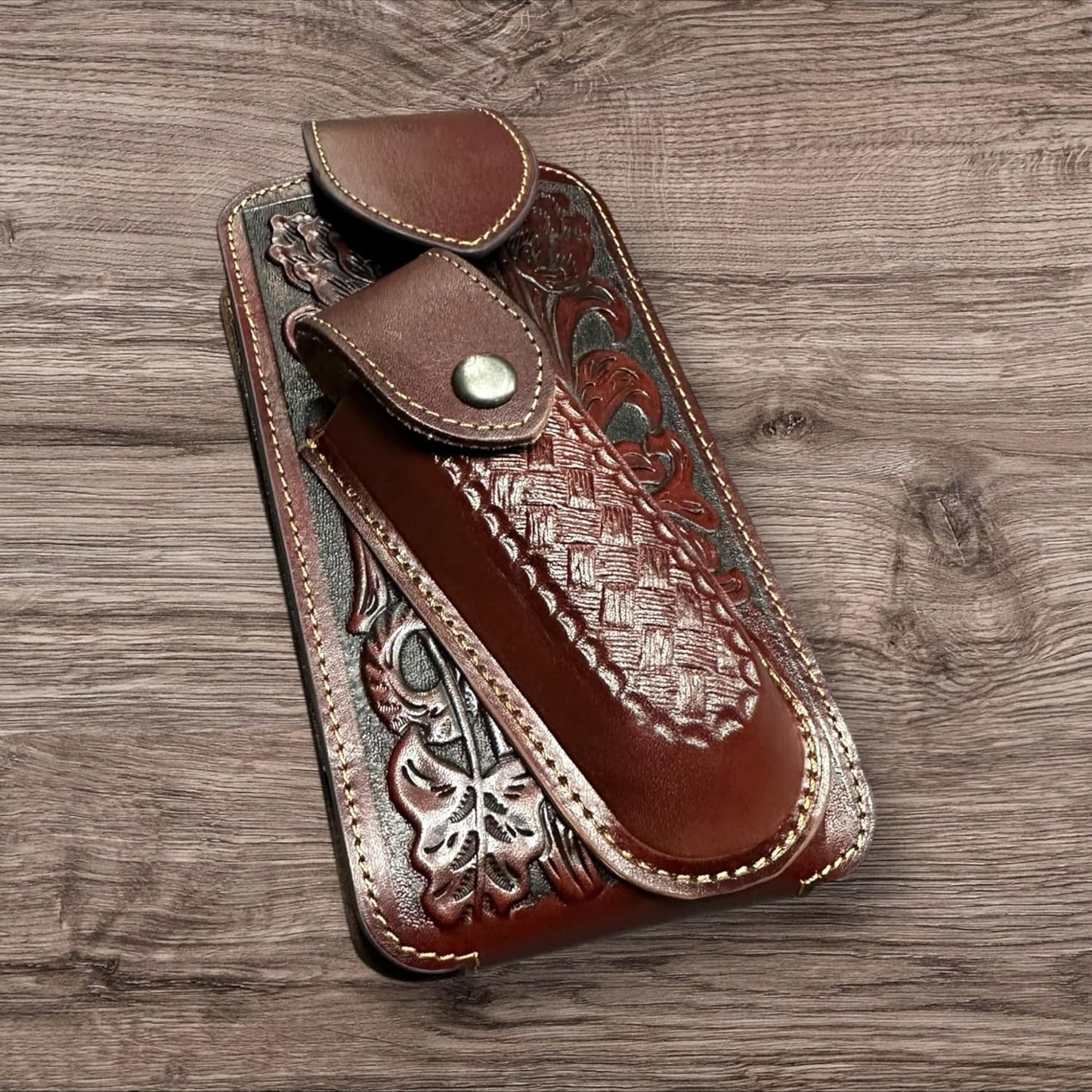 7" BASKETWEAVE & KNIFE BROWN LEATHER POUCH HOLDER XTRA LARGE  BELT LOOP CELL PHONE CASE UNIVERSAL OVERSIZE #EH12295