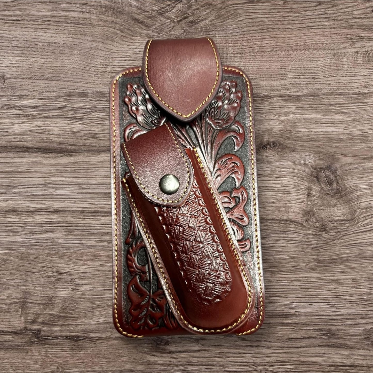 7" BASKETWEAVE & KNIFE BROWN LEATHER POUCH HOLDER XTRA LARGE  BELT LOOP CELL PHONE CASE UNIVERSAL OVERSIZE #EH12295