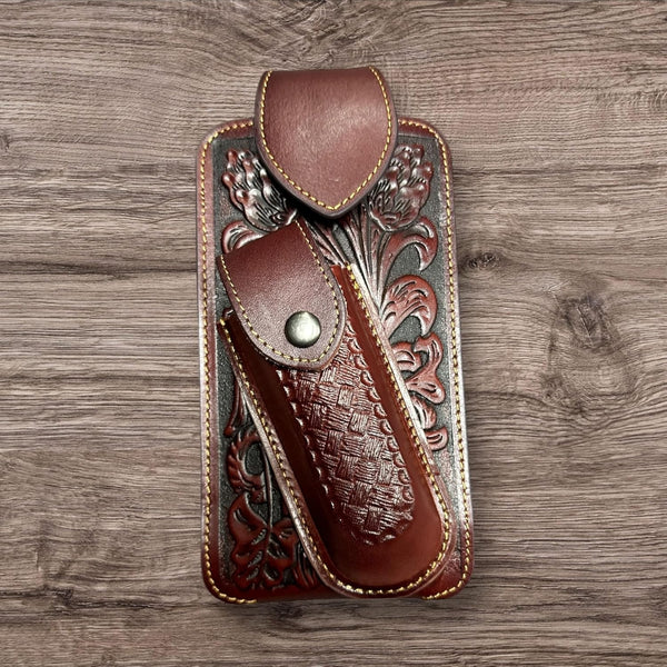 7" BASKETWEAVE & KNIFE LEATHER POUCH HOLDER XTRA LARGE  BELT LOOP CELL PHONE CASE UNIVERSAL OVERSIZE #EH12295 -- FREE SHIPPING