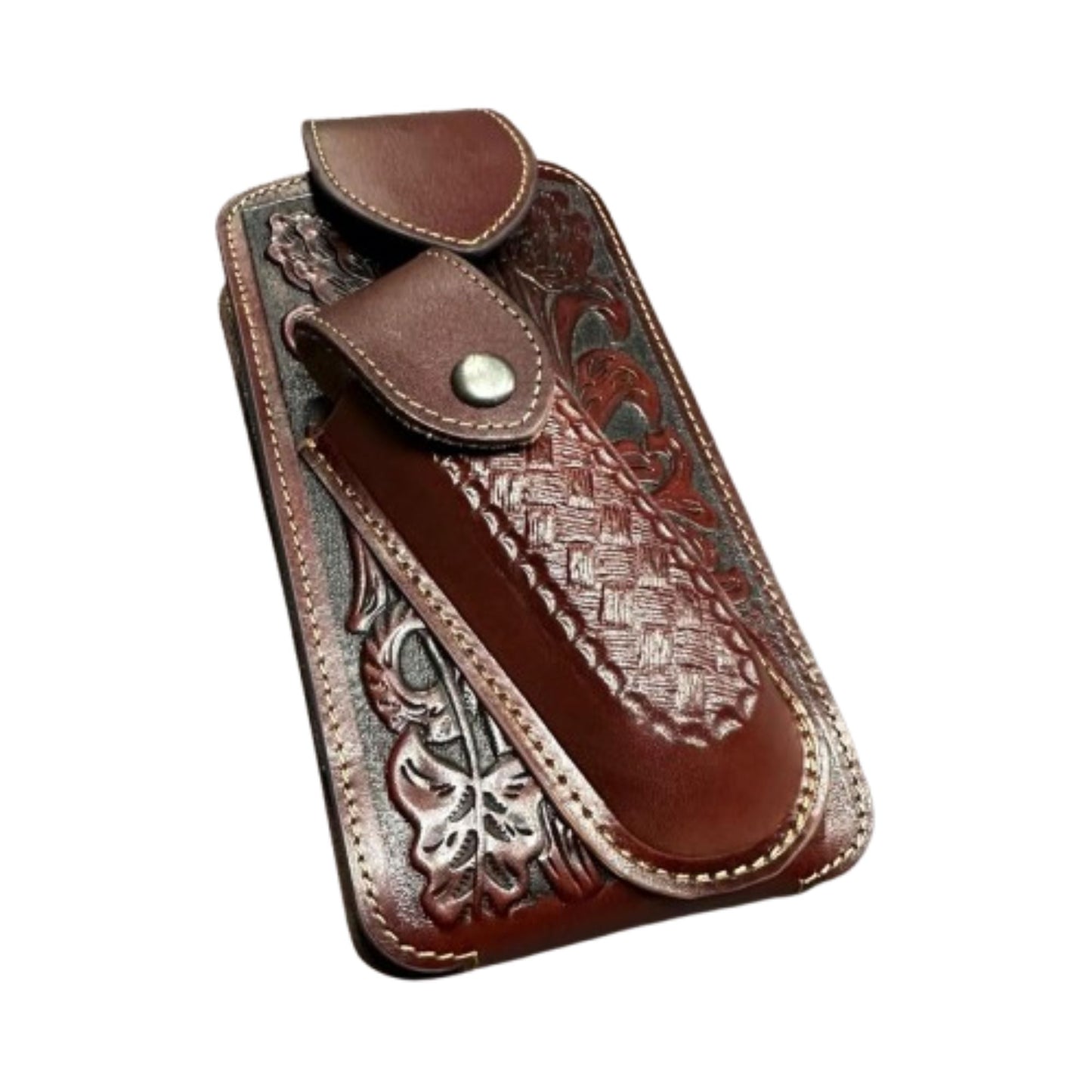 7" BASKETWEAVE & KNIFE BROWN LEATHER POUCH HOLDER XTRA LARGE  BELT LOOP CELL PHONE CASE UNIVERSAL OVERSIZE #EH12295