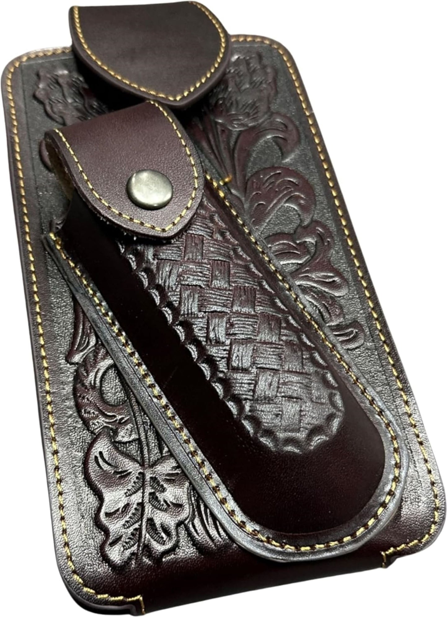 7" BASKETWEAVE & KNIFE BROWN LEATHER POUCH HOLDER XTRA LARGE  BELT LOOP CELL PHONE CASE UNIVERSAL OVERSIZE #EH12295