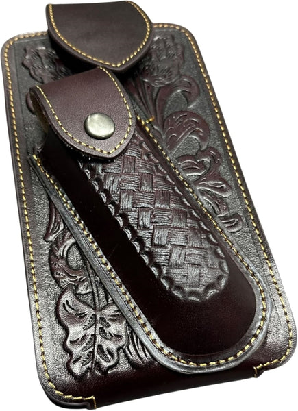 7" BASKETWEAVE & KNIFE LEATHER POUCH HOLDER XTRA LARGE  BELT LOOP CELL PHONE CASE UNIVERSAL OVERSIZE #EH12295 -- FREE SHIPPING