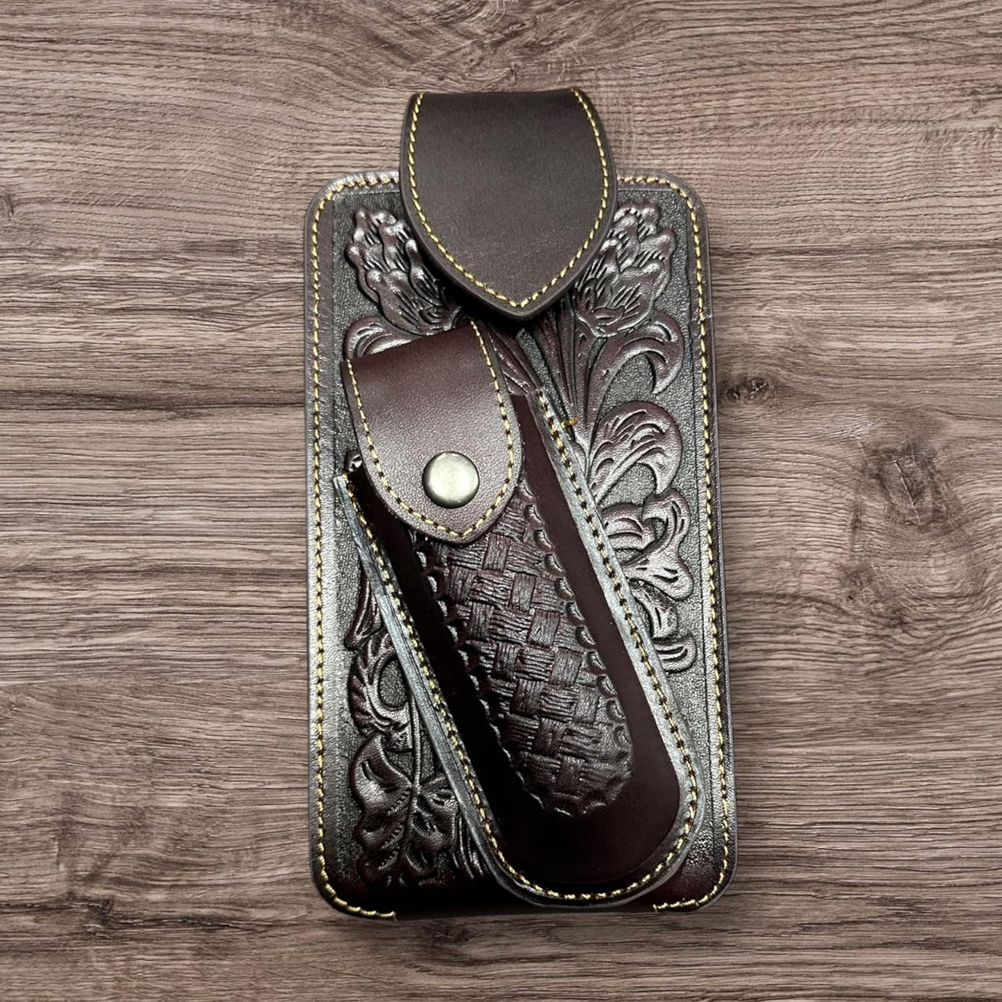 7" BASKETWEAVE & KNIFE BROWN LEATHER POUCH HOLDER XTRA LARGE  BELT LOOP CELL PHONE CASE UNIVERSAL OVERSIZE #EH12295