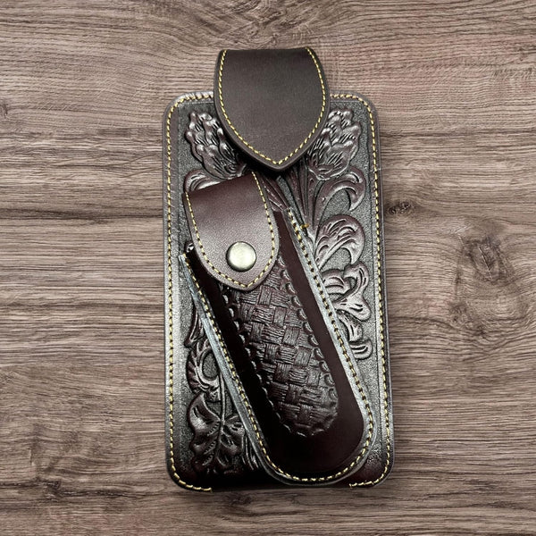 7" BASKETWEAVE & KNIFE LEATHER POUCH HOLDER XTRA LARGE  BELT LOOP CELL PHONE CASE UNIVERSAL OVERSIZE #EH12295 -- FREE SHIPPING