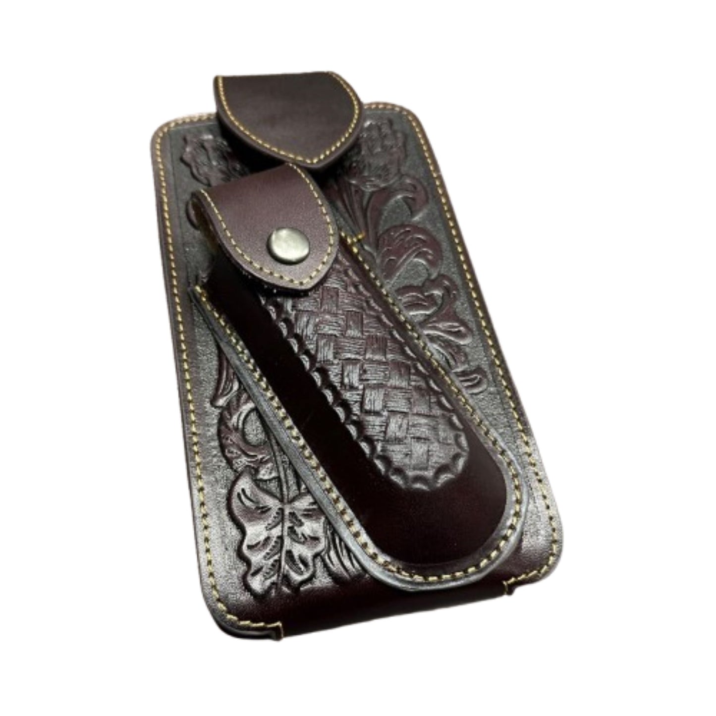 7" BASKETWEAVE & KNIFE BROWN LEATHER POUCH HOLDER XTRA LARGE  BELT LOOP CELL PHONE CASE UNIVERSAL OVERSIZE #EH12295