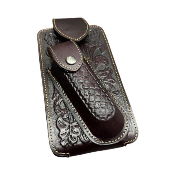 7" BASKETWEAVE & KNIFE LEATHER POUCH HOLDER XTRA LARGE  BELT LOOP CELL PHONE CASE UNIVERSAL OVERSIZE #EH12295 -- FREE SHIPPING