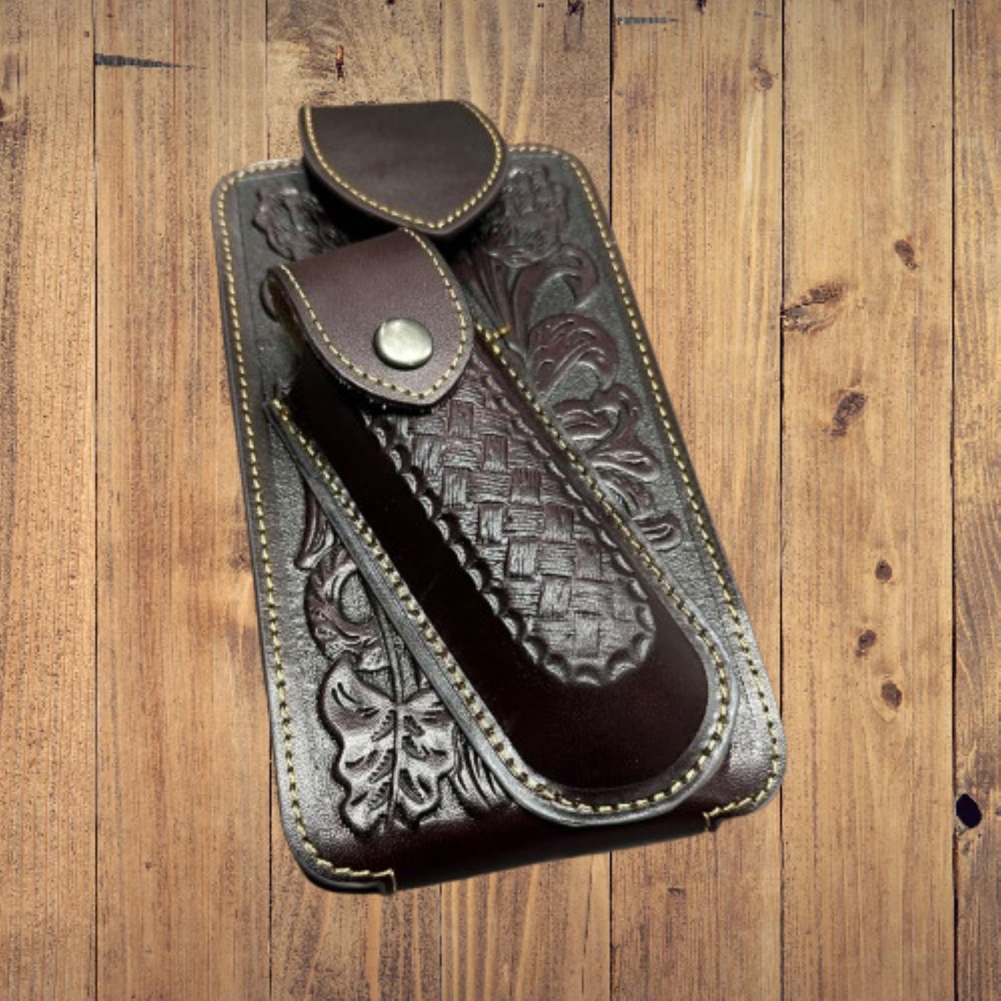 7" BASKETWEAVE & KNIFE BROWN LEATHER POUCH HOLDER XTRA LARGE  BELT LOOP CELL PHONE CASE UNIVERSAL OVERSIZE #EH12295