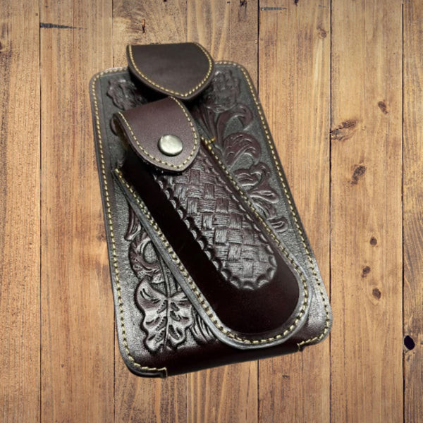 7" BASKETWEAVE & KNIFE LEATHER POUCH HOLDER XTRA LARGE  BELT LOOP CELL PHONE CASE UNIVERSAL OVERSIZE #EH12295 -- FREE SHIPPING