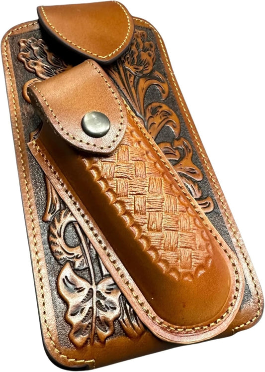 7" BASKETWEAVE & KNIFE TAN LEATHER POUCH HOLDER XTRA LARGE  BELT LOOP CELL PHONE CASE UNIVERSAL OVERSIZE #EH12295