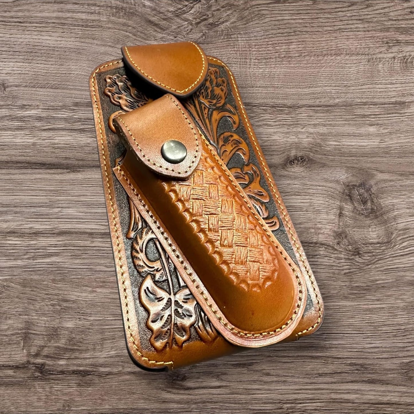 7" BASKETWEAVE & KNIFE BROWN LEATHER POUCH HOLDER XTRA LARGE  BELT LOOP CELL PHONE CASE UNIVERSAL OVERSIZE #EH12295