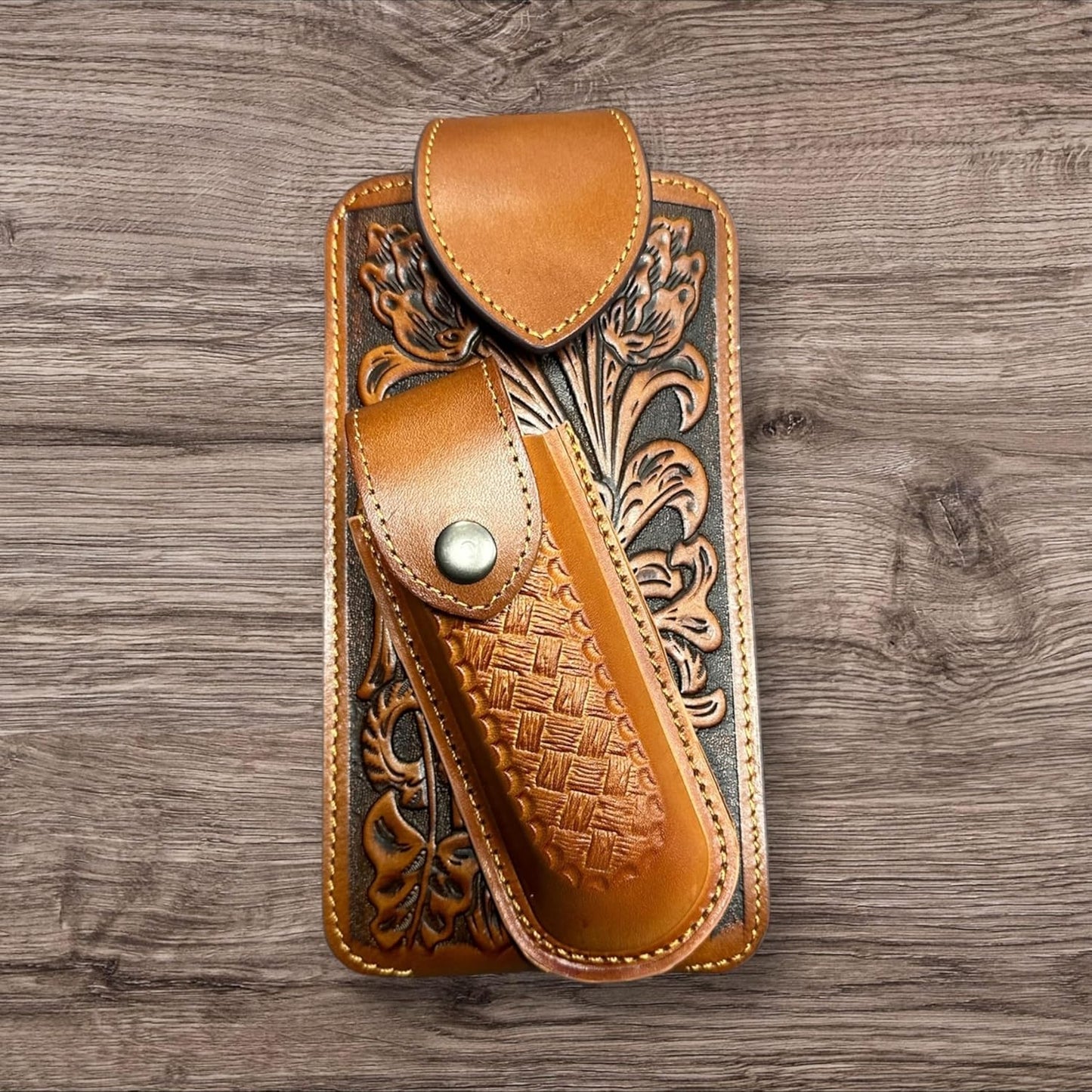 7" BASKETWEAVE & KNIFE BROWN LEATHER POUCH HOLDER XTRA LARGE  BELT LOOP CELL PHONE CASE UNIVERSAL OVERSIZE #EH12295