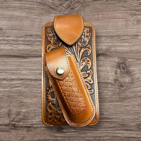 7" BASKETWEAVE & KNIFE LEATHER POUCH HOLDER XTRA LARGE  BELT LOOP CELL PHONE CASE UNIVERSAL OVERSIZE #EH12295 -- FREE SHIPPING
