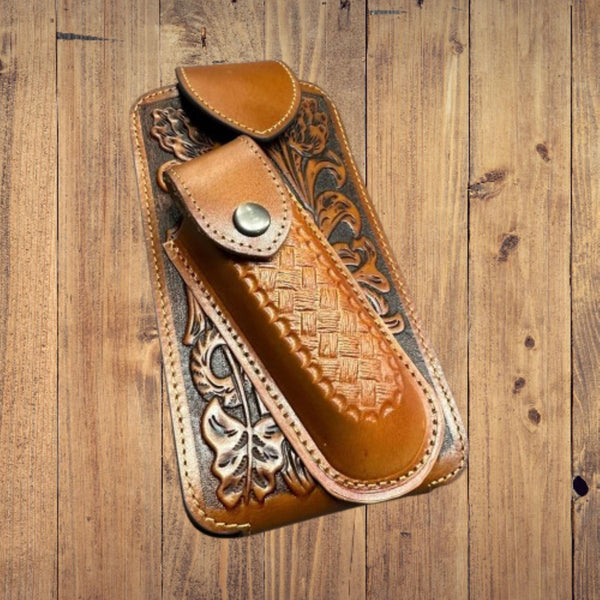 7" BASKETWEAVE & KNIFE LEATHER POUCH HOLDER XTRA LARGE  BELT LOOP CELL PHONE CASE UNIVERSAL OVERSIZE #EH12295 -- FREE SHIPPING