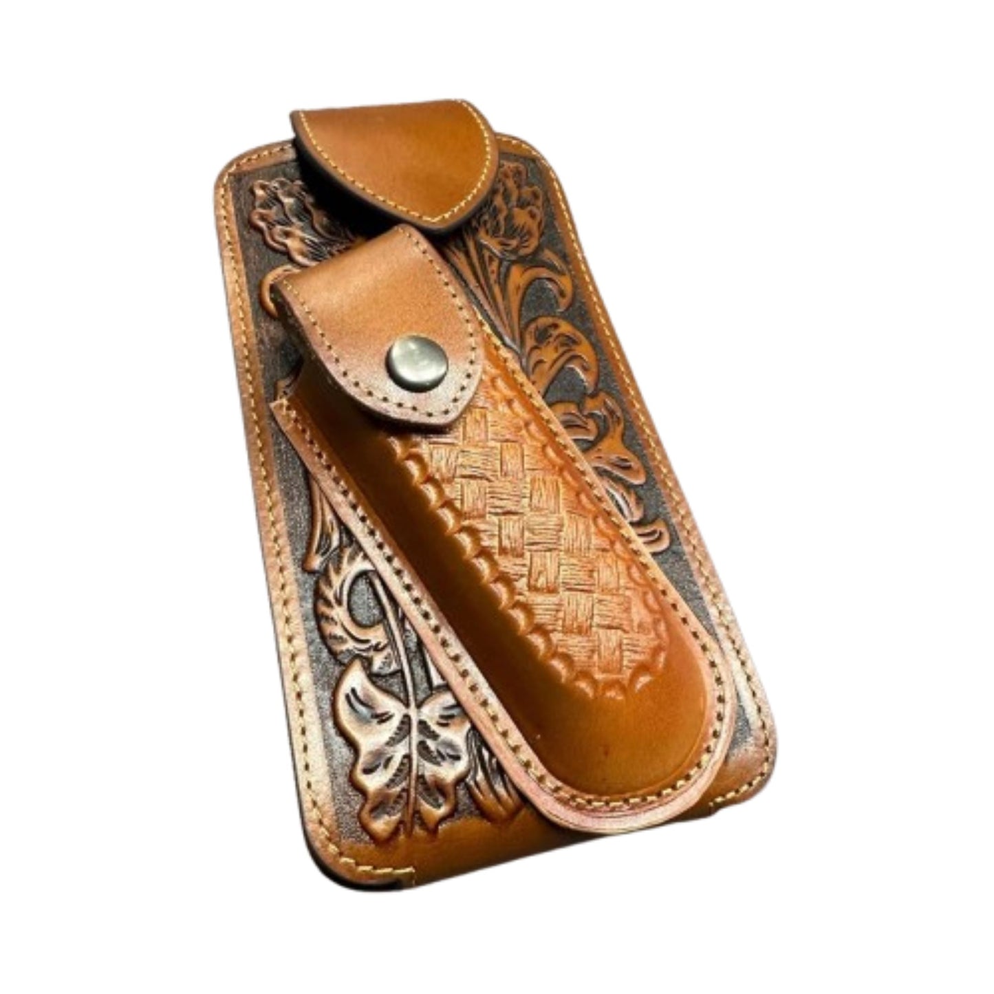 7" BASKETWEAVE & KNIFE BROWN LEATHER POUCH HOLDER XTRA LARGE  BELT LOOP CELL PHONE CASE UNIVERSAL OVERSIZE #EH12295