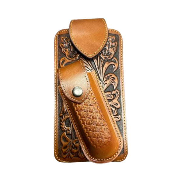 7" BASKETWEAVE & KNIFE LEATHER POUCH HOLDER XTRA LARGE  BELT LOOP CELL PHONE CASE UNIVERSAL OVERSIZE #EH12295 -- FREE SHIPPING