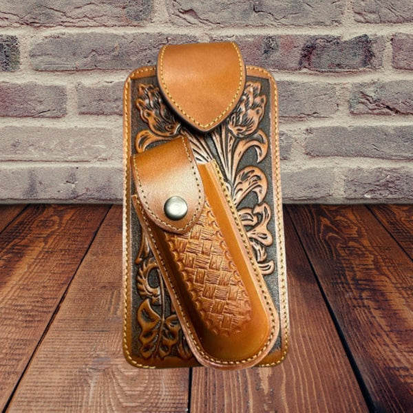 7" BASKETWEAVE & KNIFE LEATHER POUCH HOLDER XTRA LARGE  BELT LOOP CELL PHONE CASE UNIVERSAL OVERSIZE #EH12295 -- FREE SHIPPING