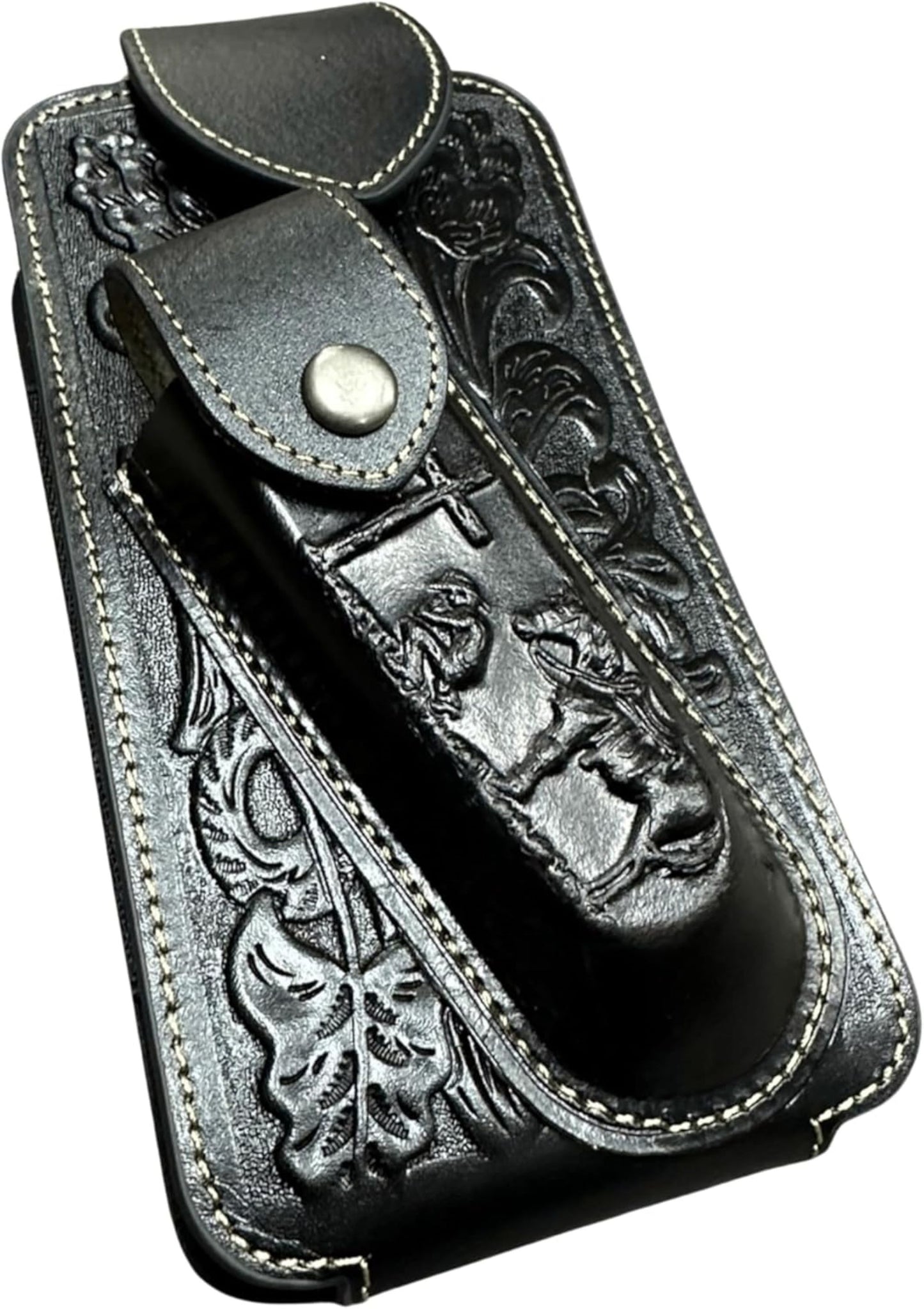 7" COWBOY PRAYER & KNIFE LEATHER POUCH HOLDER XTRA LARGE  BELT LOOP CELL PHONE CASE UNIVERSAL OVERSIZE #EH12300 -- FREE SHIPPING